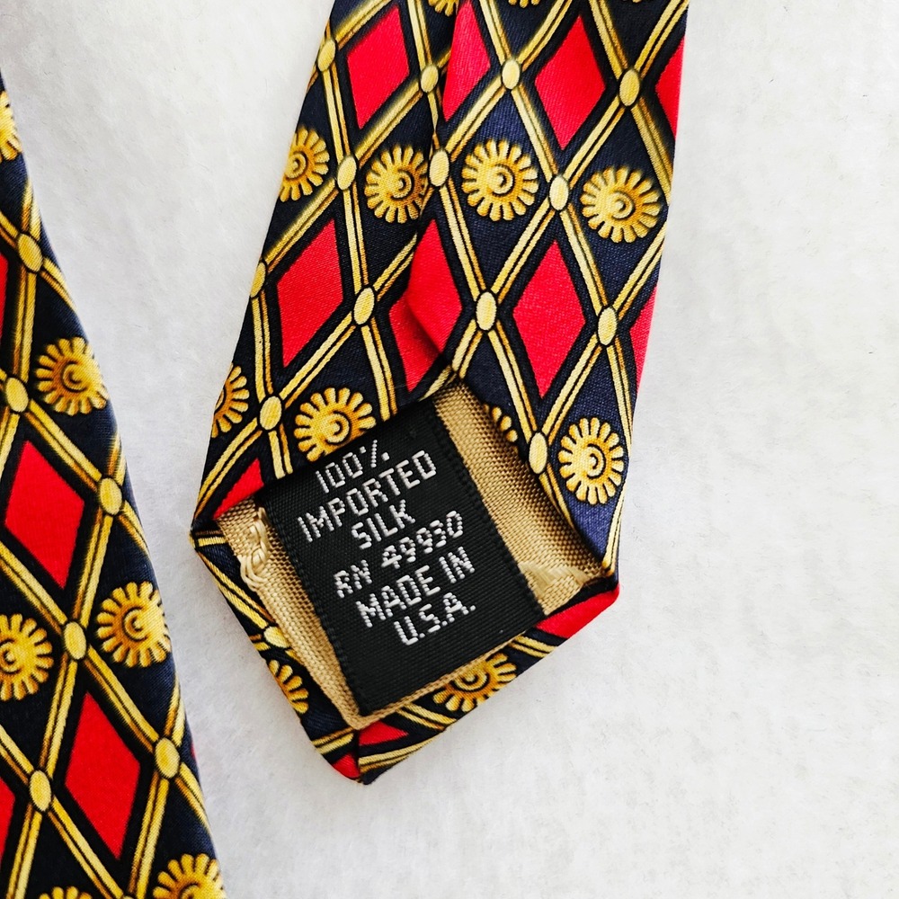 Zianetti Italian Silk Tie Mens Red Navy Gold Diamond Sunburst Geometric USA made - Picture 4 of 5
